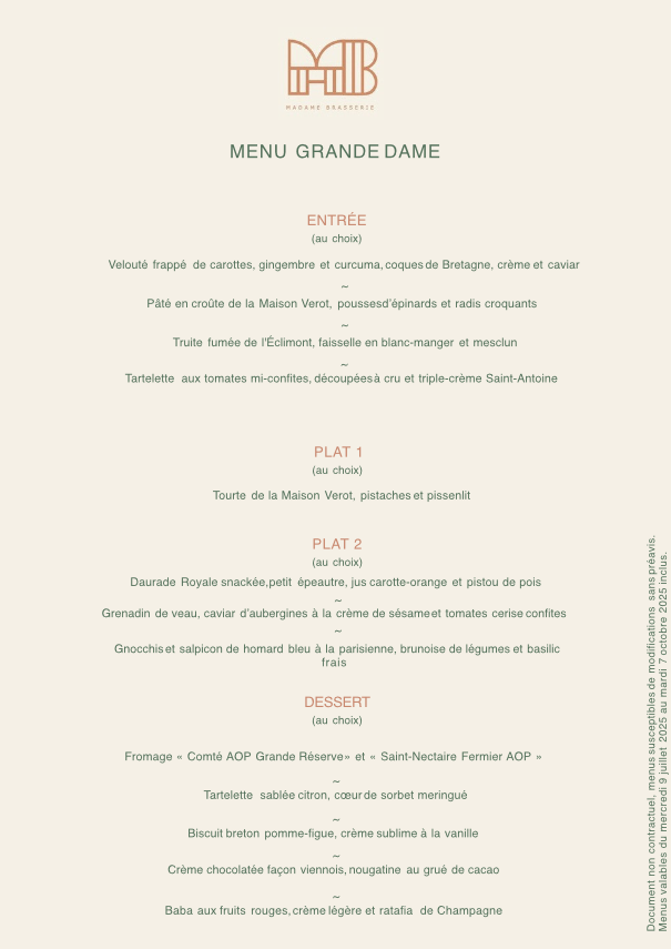Menü Grande Dame- Sommer 2025 - Madame Brasserie Eiffelturm
