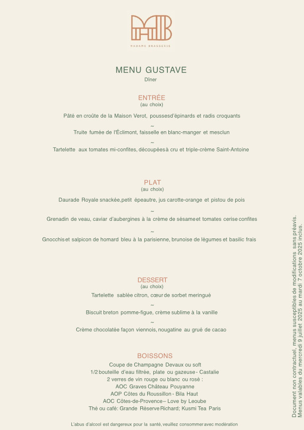 Menü Gustave - Sommer 2025 - Madame Brasserie Eiffelturm